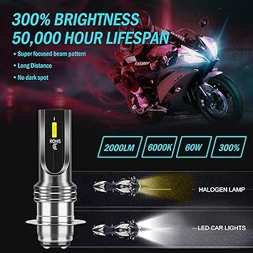 P15D H6M Motorcycle Headlight Bulbs Super Bright Compatible with ATVS, Yamaha, Honda, Kawasaki, Suzuki YFM350 400 450 660 700 Raptor, High Low Beam, Pack of