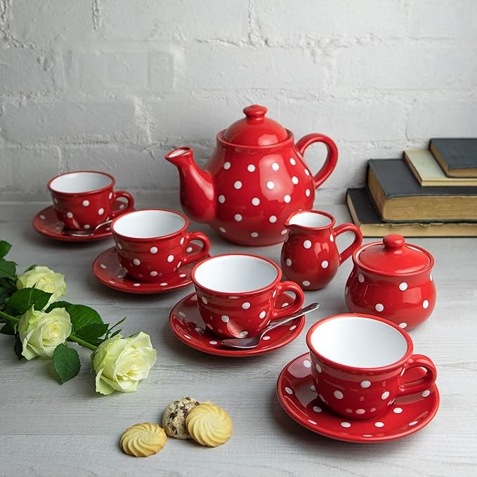 Handmade Red and White Polka Dot Ceramic Teapot Set, Large 1,7l/60oz/4-6 Cup Teapot, Milk Jug, Sugar Bowl, Four Cups and Saucers Tea Set, Pottery Housewarming Gift for Tea Lovers by City to Cottage®